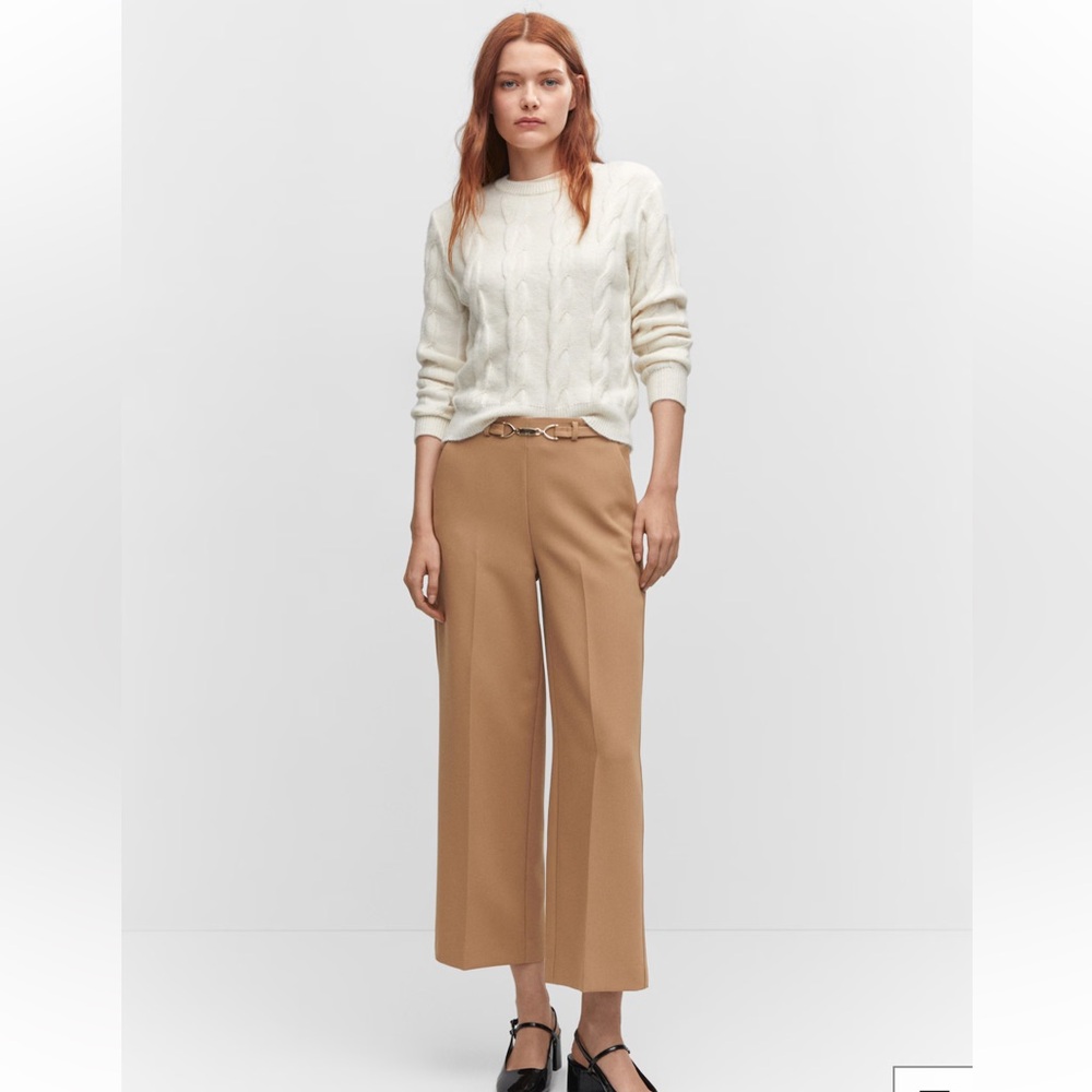 Mango Wide Leg Trauser pants with gold buckle Camel Size 4